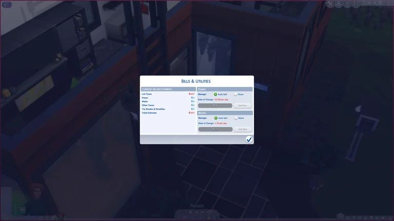 The Sims 4 bills and utilities panel listing lot taxes, power, water, due date, and total amount