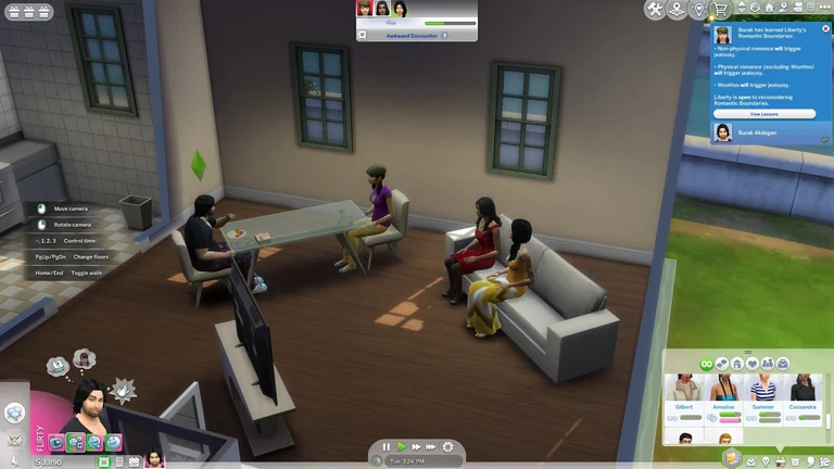 Several Sims react awkwardly while a notification explains that one Sim learned another Sim's romantic boundaries