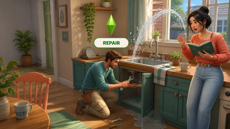A character repairs a spraying kitchen sink beneath a large English Repair interaction while another character reads nearby
