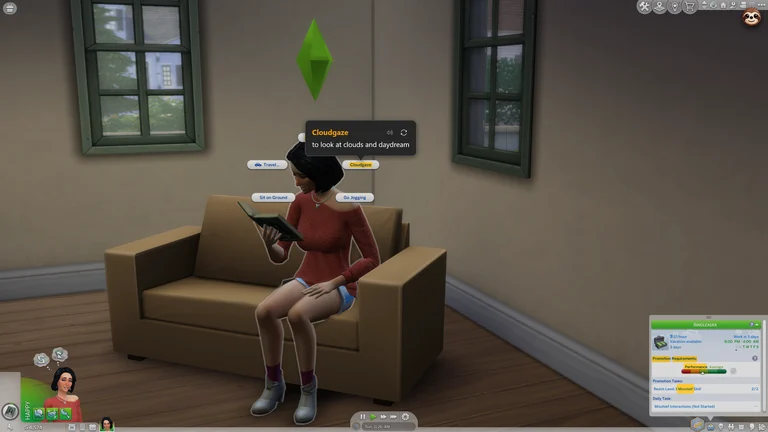 Termy explains Cloudgaze as to look at clouds and daydream over the original Sims 4 interaction menu