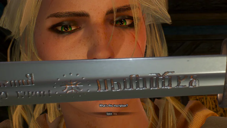 Ciri studies writing on a sword while the English subtitle asks what the inscription says