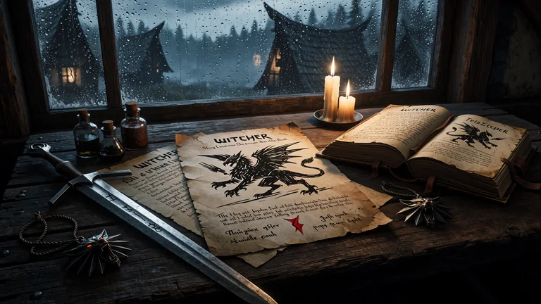A silver sword, open bestiary, potions, and wolf medallions lie on a tavern table beside a rain-covered window