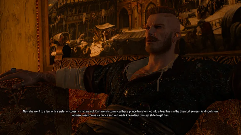 A man tells Geralt a story using old-fashioned English in the subtitle