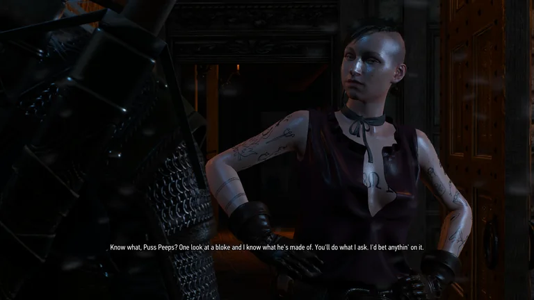 A woman speaks to Geralt using the words Puss Peeps and bloke in the English subtitle