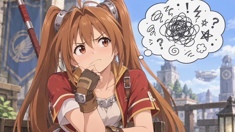 Эстель пытается разобраться в английской реплике на фоне города из Trails in the Sky