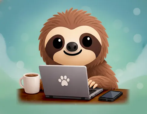 Termy the sloth reading a website in another language on a laptop