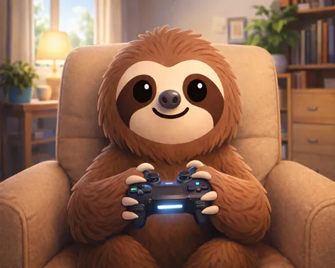 Termy the sloth learning a language while playing a video game