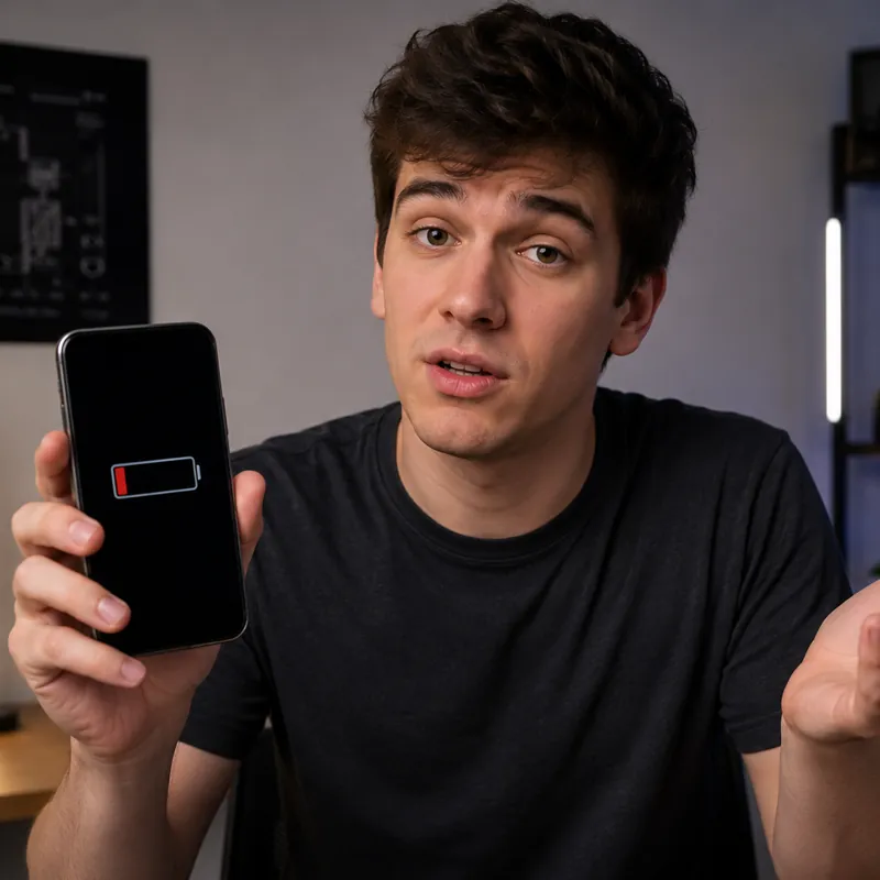 Man holding a phone with a nearly empty battery