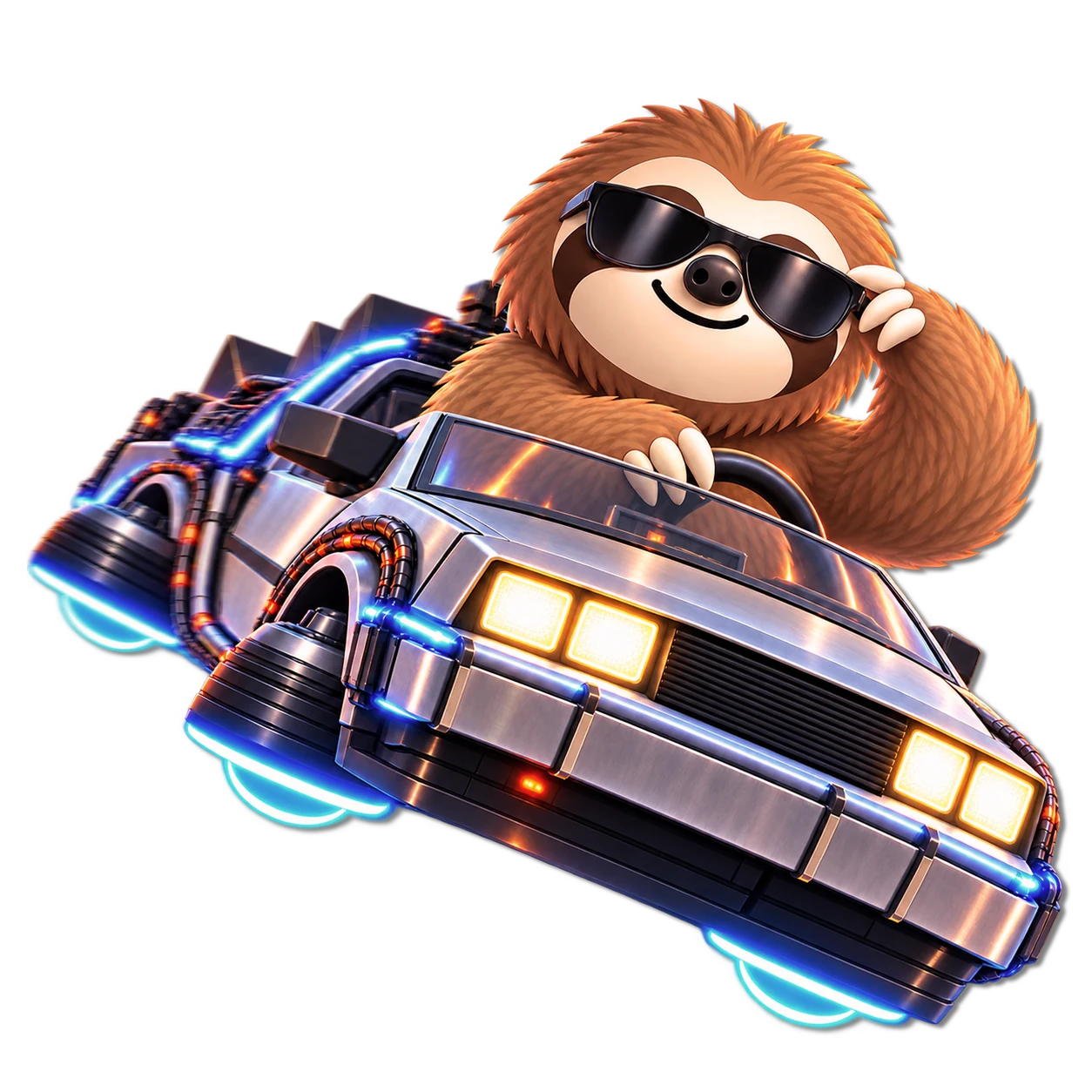 Termy the sloth drives a time machine through the portal.
